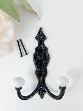 Decorative Black Double Wall Hook with White Ceramic Knobs